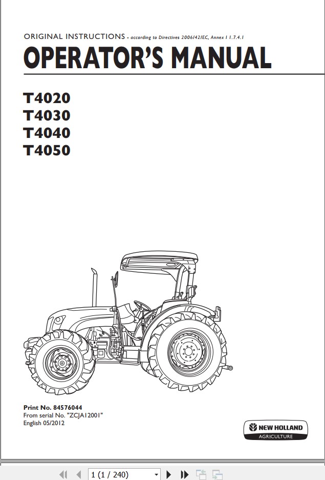 New Holand Tractor T4020 T4030 T4040 T4050 Operators Manual84576044 1