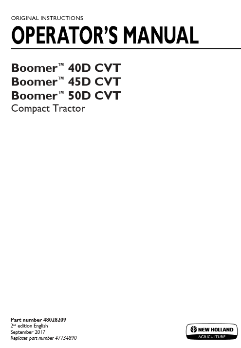 New Holland Boomer 40D 45D 50D CVT Compact Tractor Operators Manual48028209 1