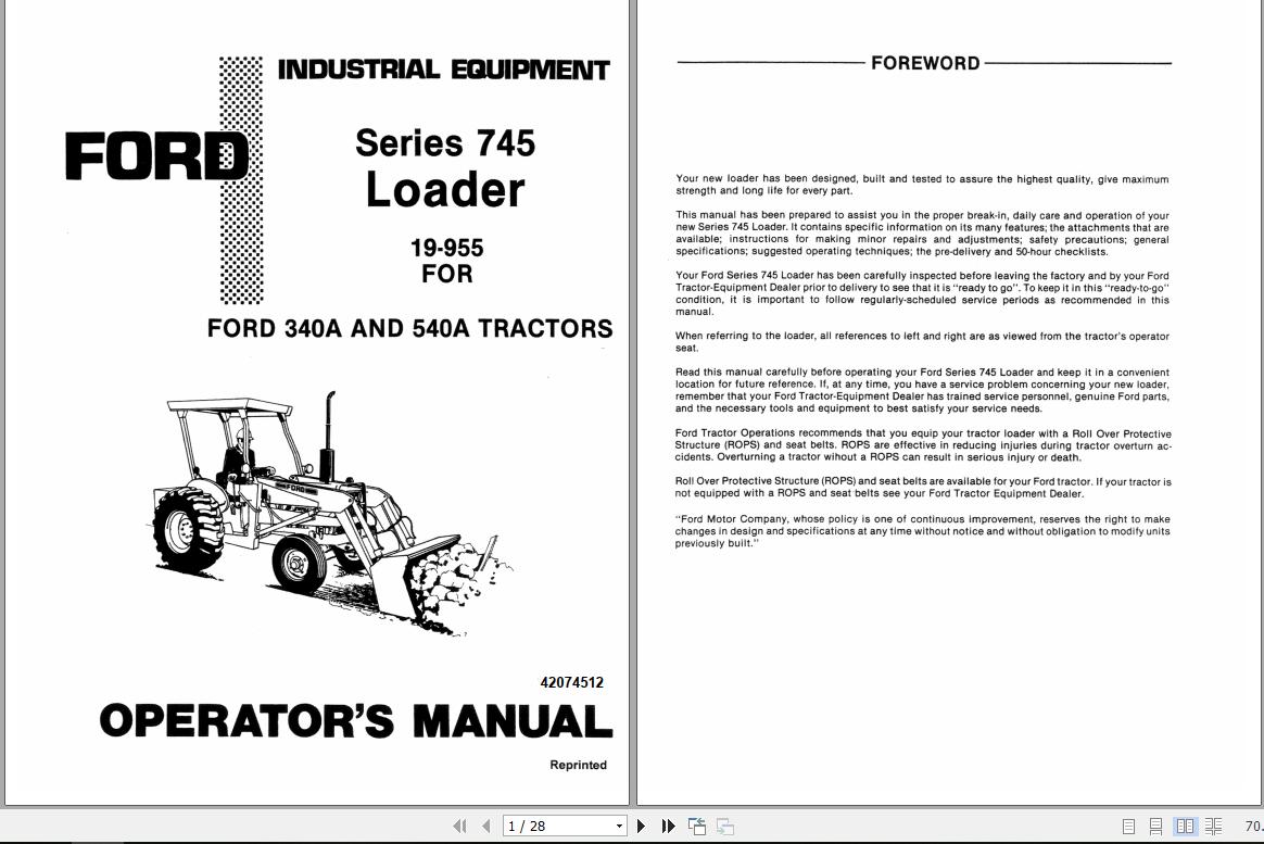 New Holland Ford Tractor Loader Series 745 Operators Manual42074512 1