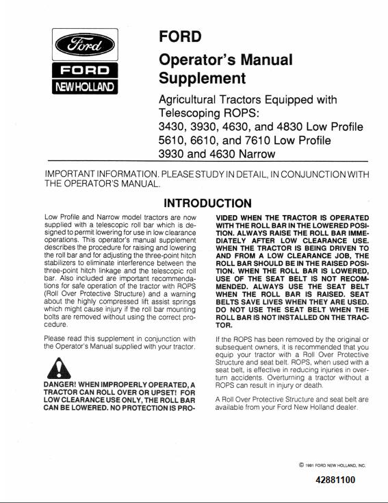 New Holland Ford Tractor Supplement Operators Manual42881100 1