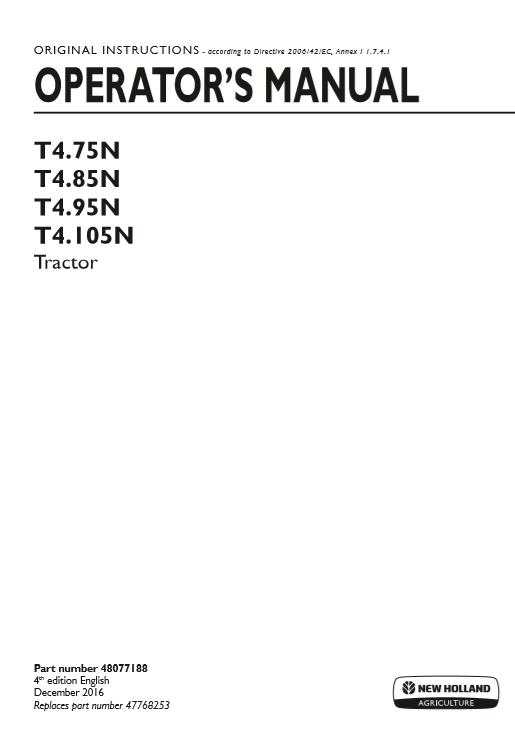 New Holland T480F T490F T4100F T4110F Tractor Operators Manual48077188 1