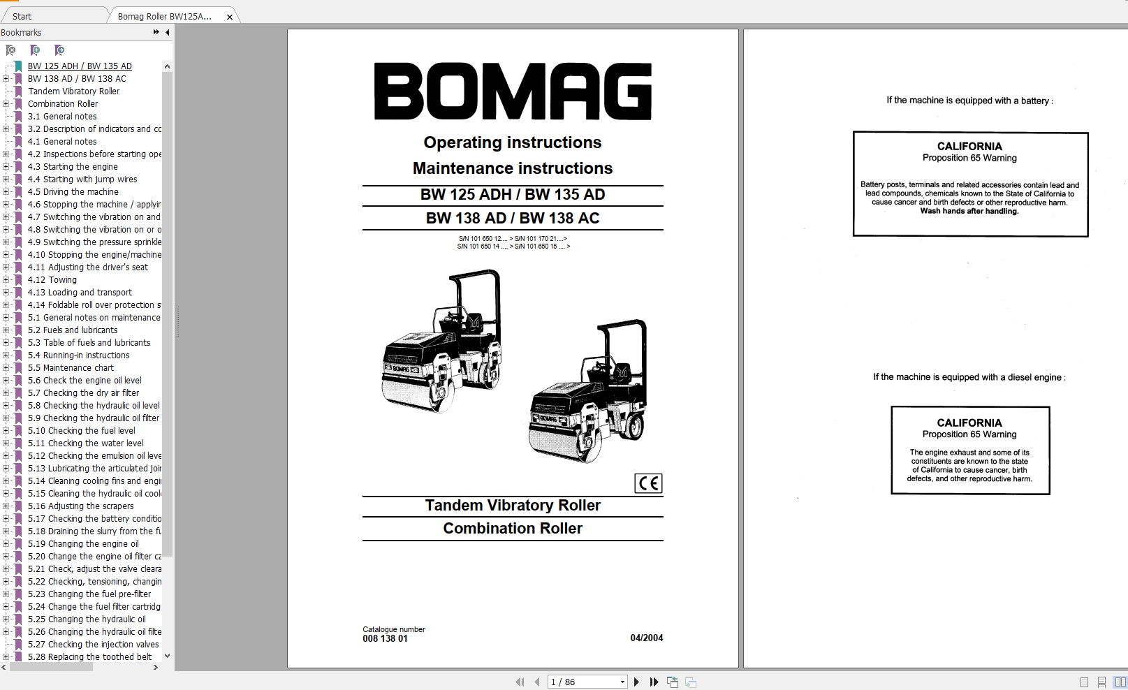 Bomag Roller BW125ADHBW135ADBW138ADBW138AD Operation Maintenance Instruction 1