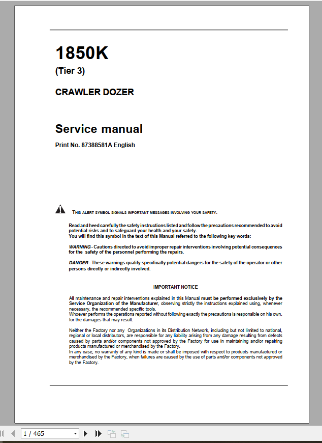 Case Crawler Dozer 1850K Tier 3 Service Manual87388581A 1
