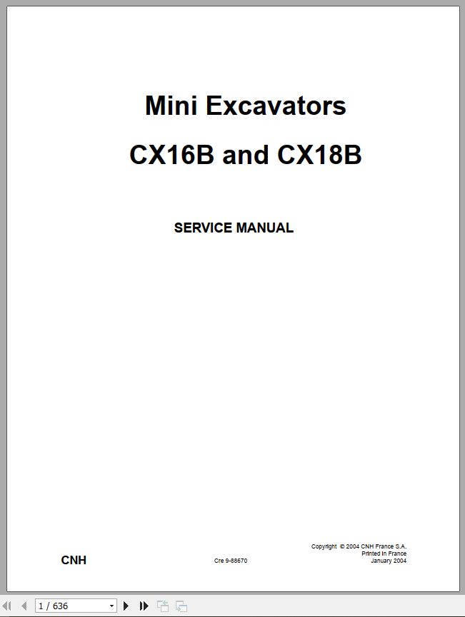Case Mini Excavator CX16B CX18B Service Manual9 88670 1
