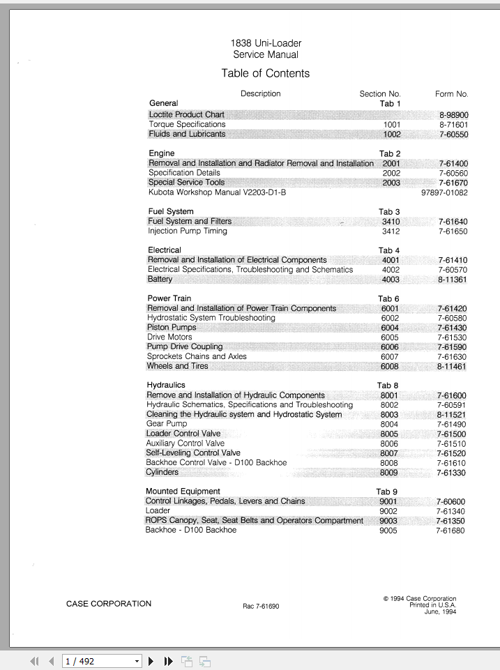 Case Uni Loader 1838 Service Manual7 61200R0 1