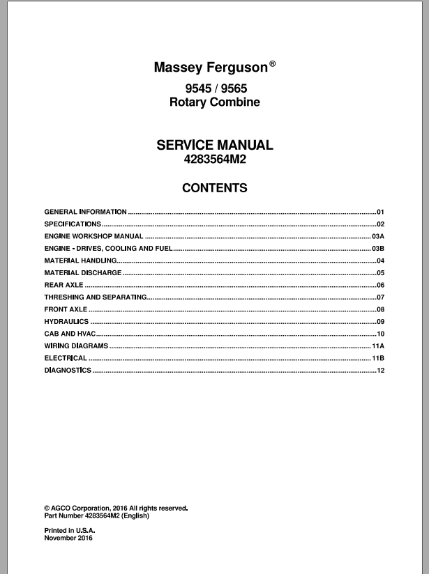 Massey Ferguson Rotary Combine 95459565 Service Manual 1