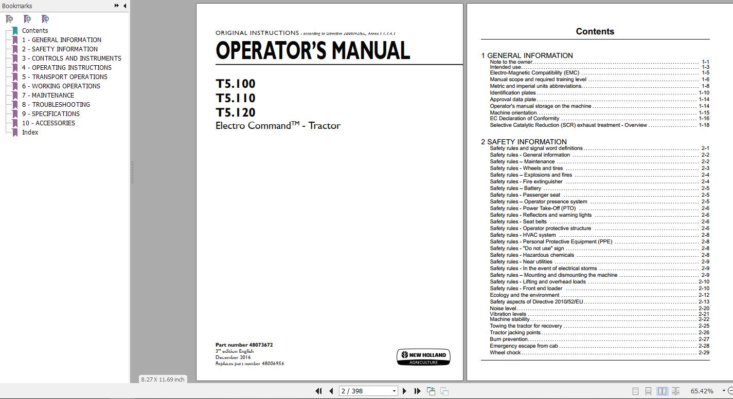 New Holland T5100 T5110 T5120 Electro Command Tractor Operators Manual48073672 1
