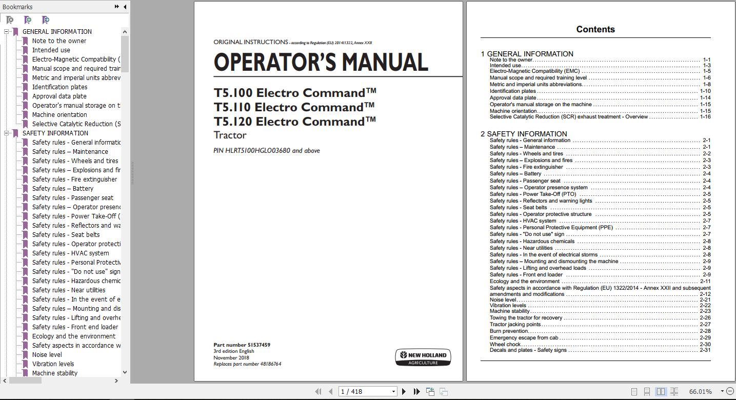 New Holland T5100 T5110 T5120 Electro Command Tractor Operators Manual51537459 1