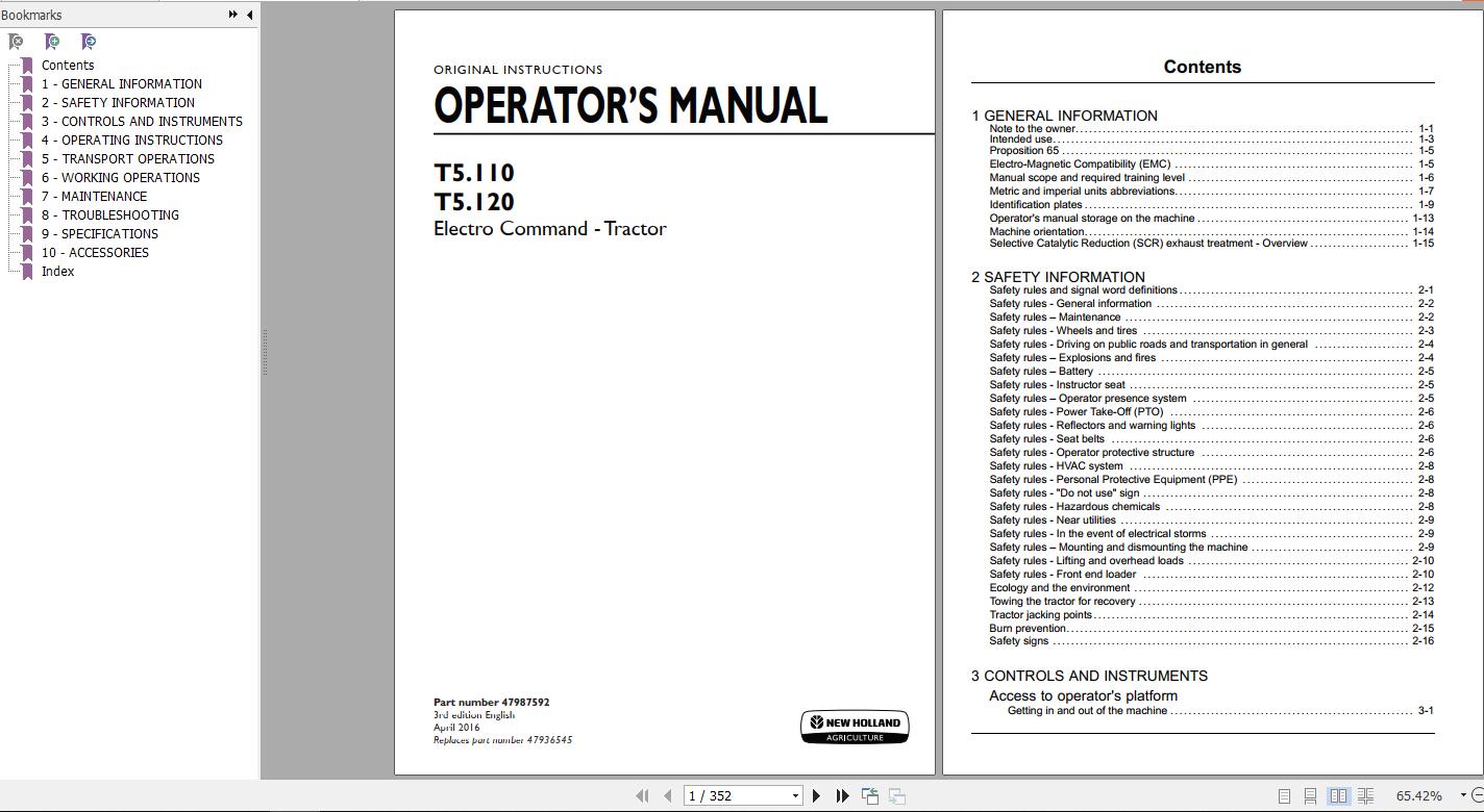 New Holland T5110 T5120 Electro Command Tractor Operators Manual47987592 1