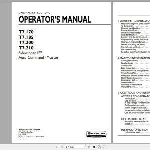 New Holland T7170 T7185 T7200 T7210 Sidewinder II Auto Command Tractor Operators Manual47892994 1