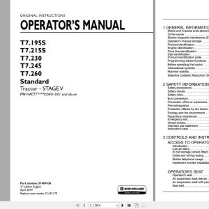 New Holland T7195S T7215S T7230 T7245 T7260 Standard Stage IV Tractor Operators Manual51607636 1