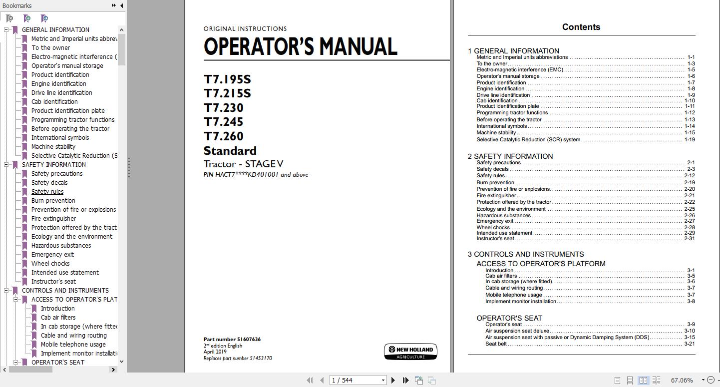 New Holland T7195S T7215S T7230 T7245 T7260 Standard Stage IV Tractor Operators Manual51607636 1