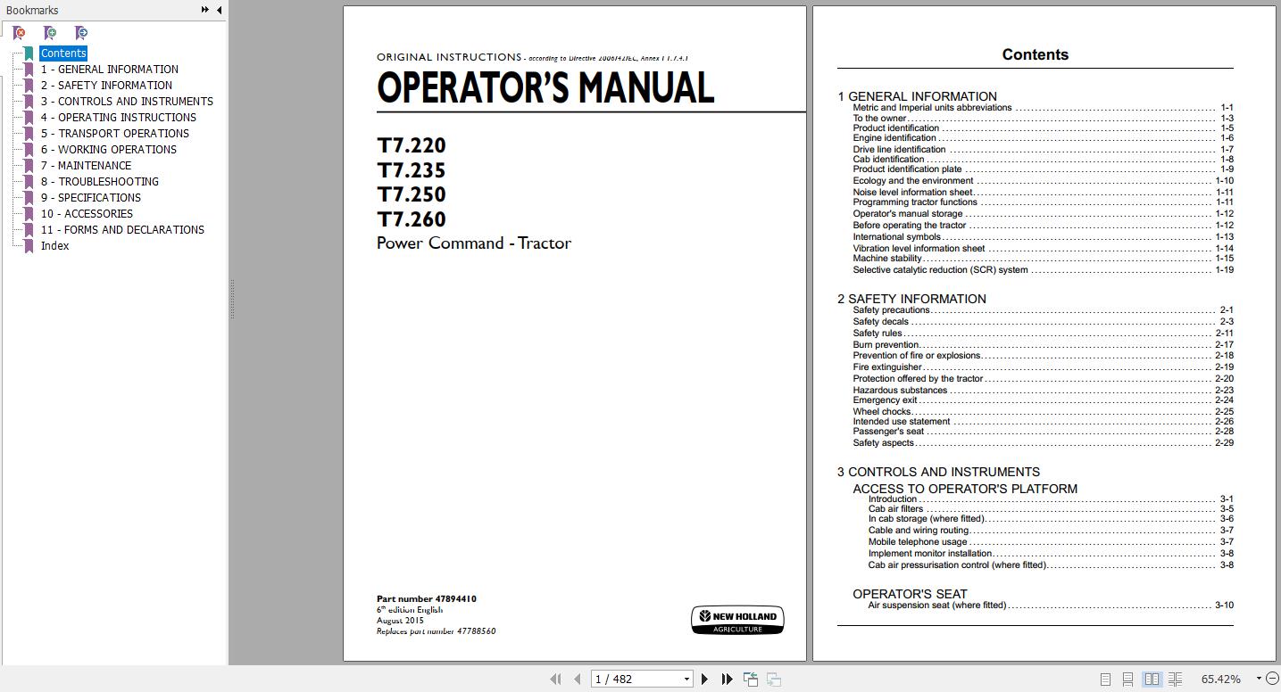 New Holland T7220 T7235 T7250 T7260 Power Command Tractor Operators Manual47894410 1