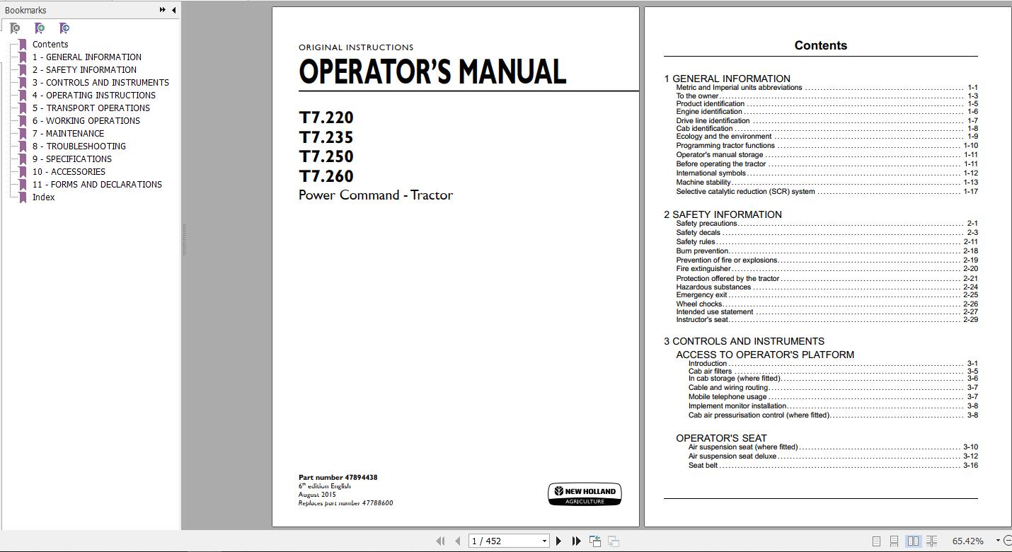 New Holland T7220 T7235 T7250 T7260 Power Command Tractor Operators Manual47894438 1
