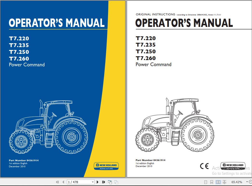 New Holland T7220 T7235 T7250 T7260 Power Command Tractor Operators Manual84361914 1