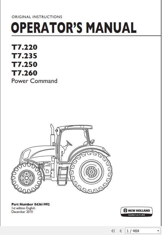 New Holland T7220 T7235 T7250 T7260 Power Command Tractor Operators Manual84361992 1
