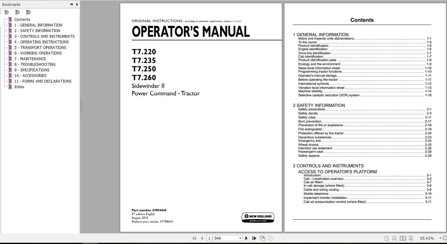 New Holland T7220 T7235 T7250 T7260 Sidewinder II Power Command Tractor Operators Manual47894445 1