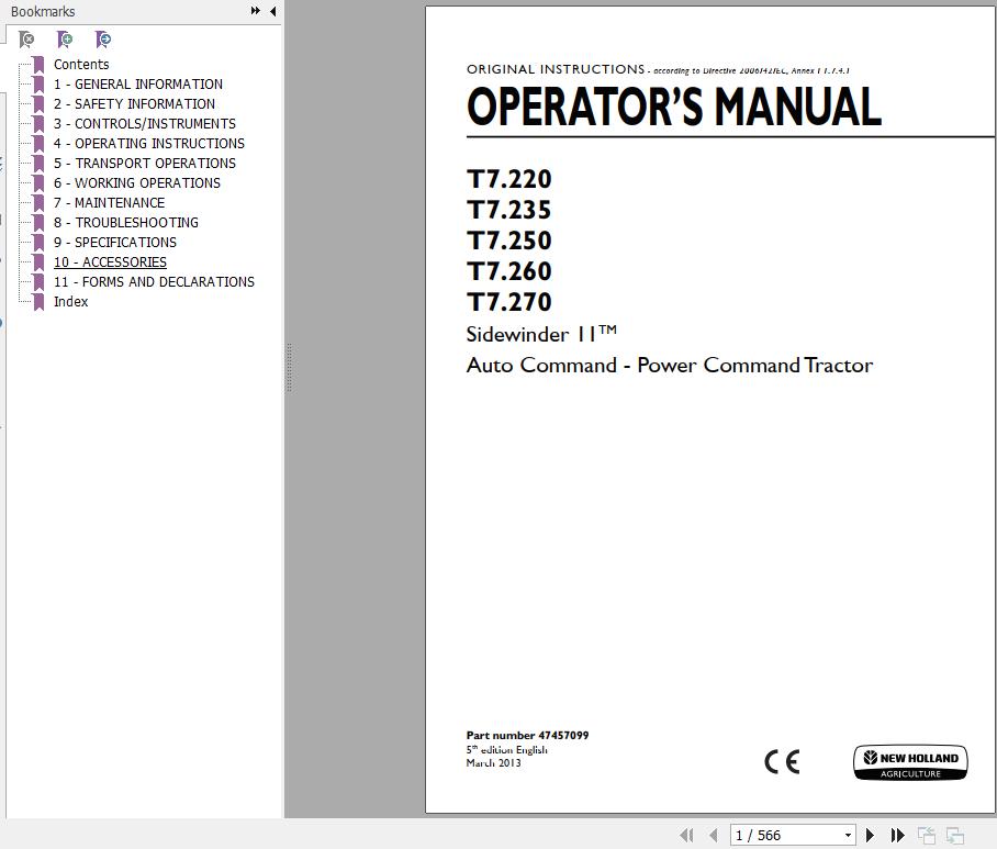 New Holland T7220 T7235 T7250 T7260 T7270 Sidewinder II Auto Command Tractor Operators Manual47457099 1