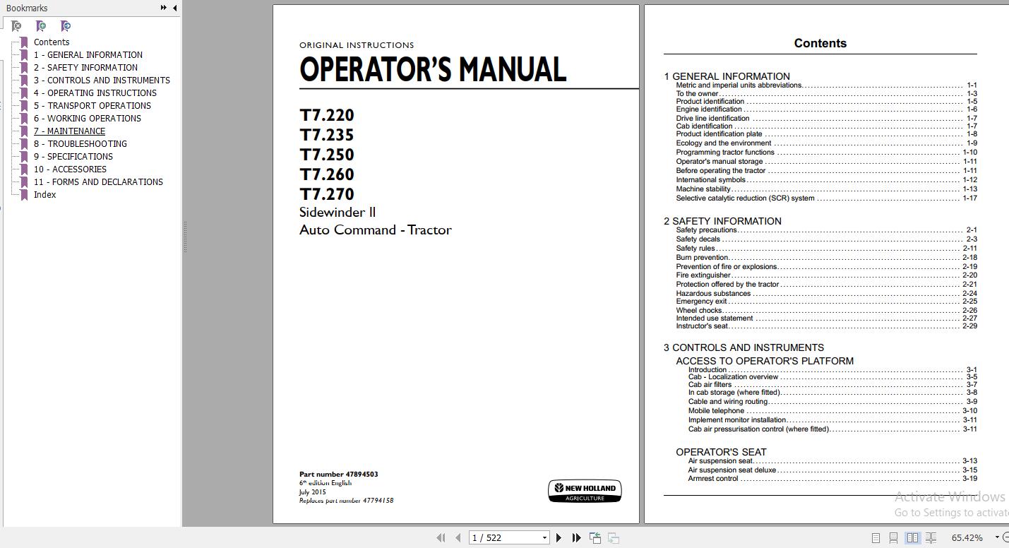 New Holland T7220 T7235 T7250 T7260 T7270 Sidewinder II Auto Command Tractor Operators Manual47894503 1