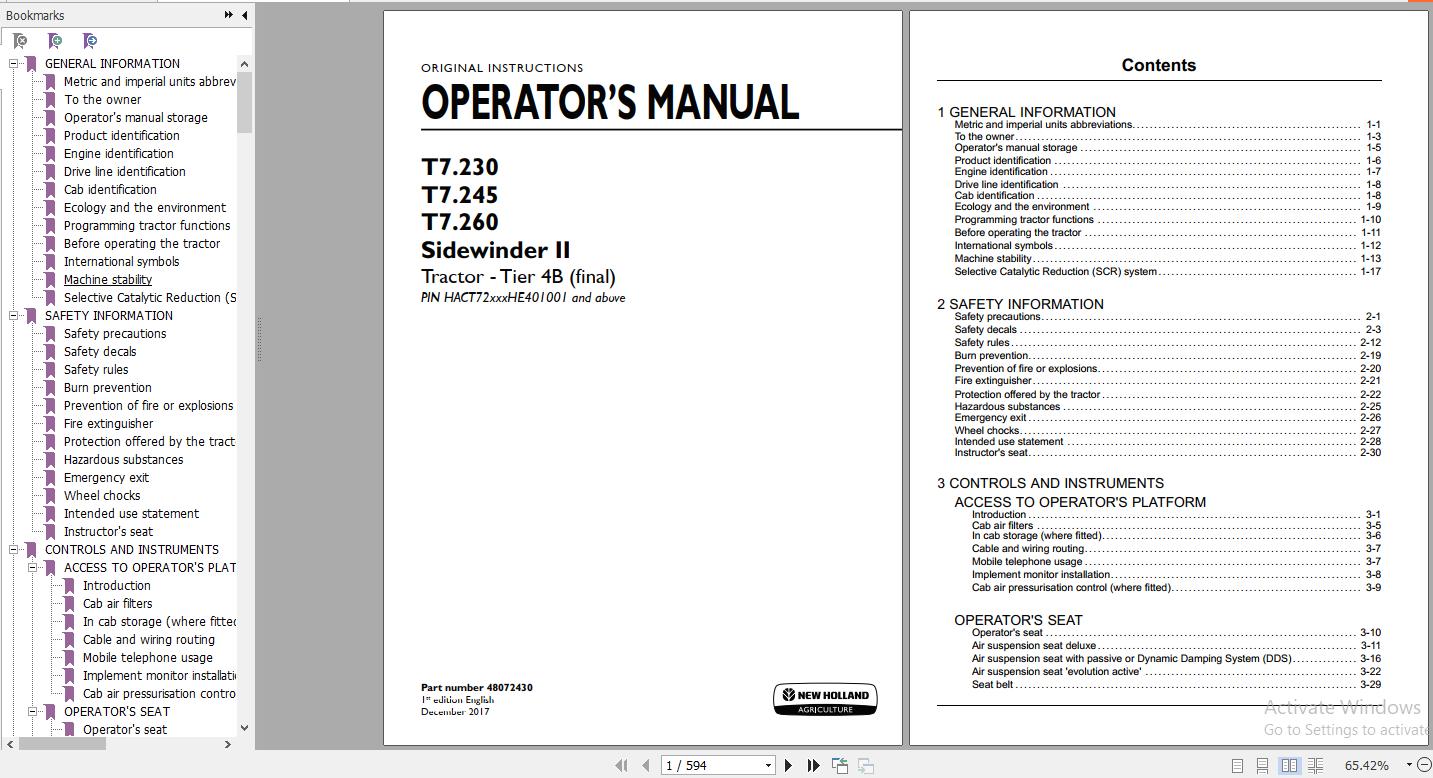 New Holland T7230 T7245 T7260 Sidewinder II Tier 4Bfinal Tractor Operators Manual48972430 1