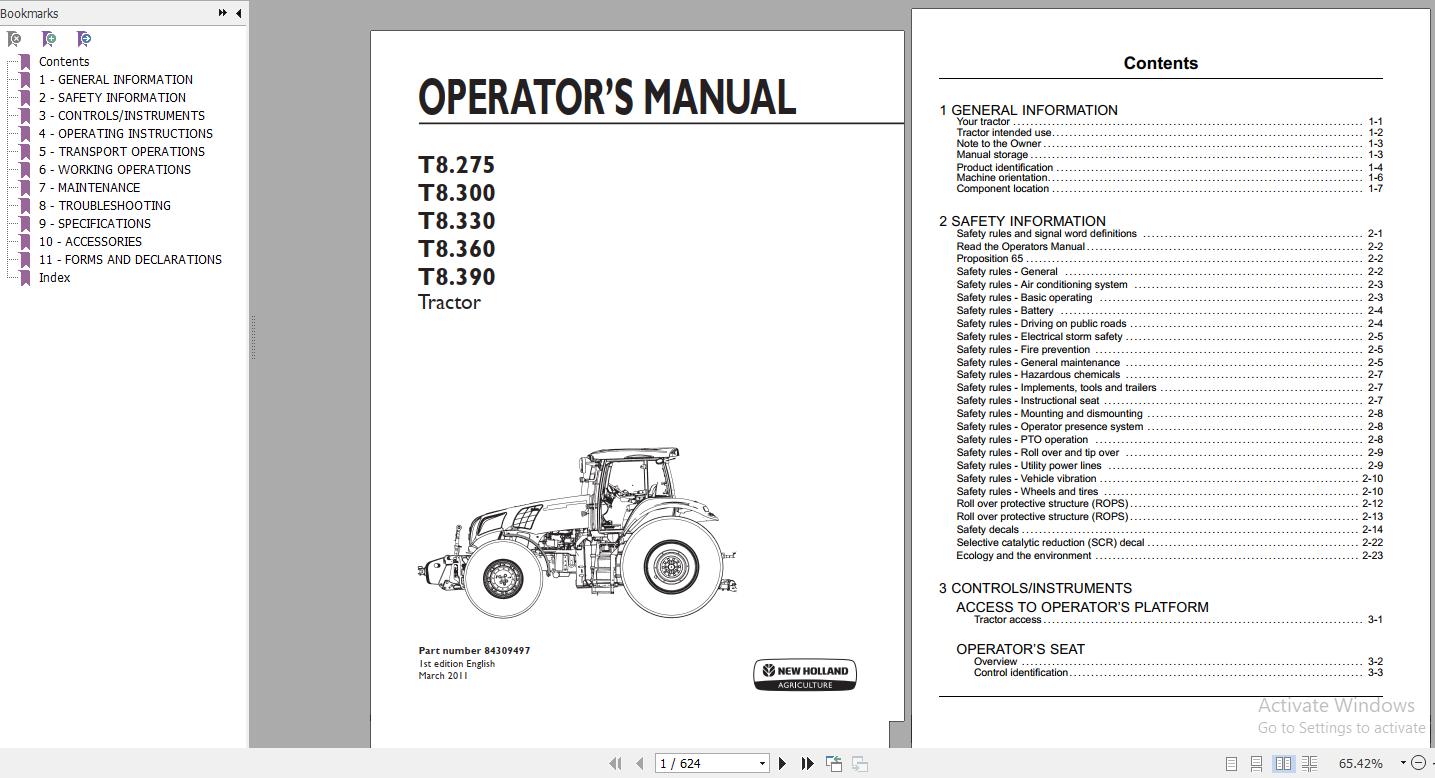 New Holland T8275 T8300 T8330 T8360 T8390 Tractor Operators Manual84309497 1