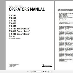 New Holland T8320 T8350 T8380 T8410 T8435 SmartTrax Tractor Operators Manual48159373 1
