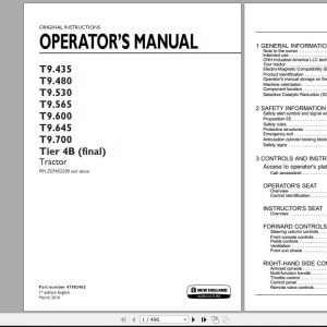 New Holland T9435 T9480 T9530 T9565 T9600 T9645 T9700 Tier 4B final Tractor Operators Manual47982402 1