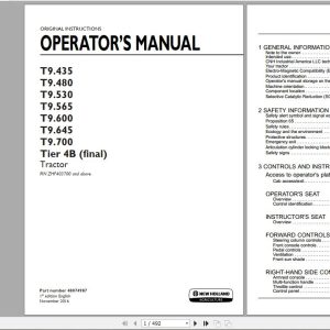 New Holland T9435 T9480 T9530 T9565 T9600 T9645 T9700 Tier 4B final Tractor Operators Manual48074987 1