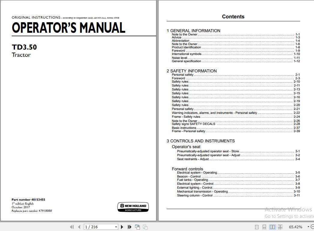 New Holland TD350 Tractor Operators Manual48153455 1