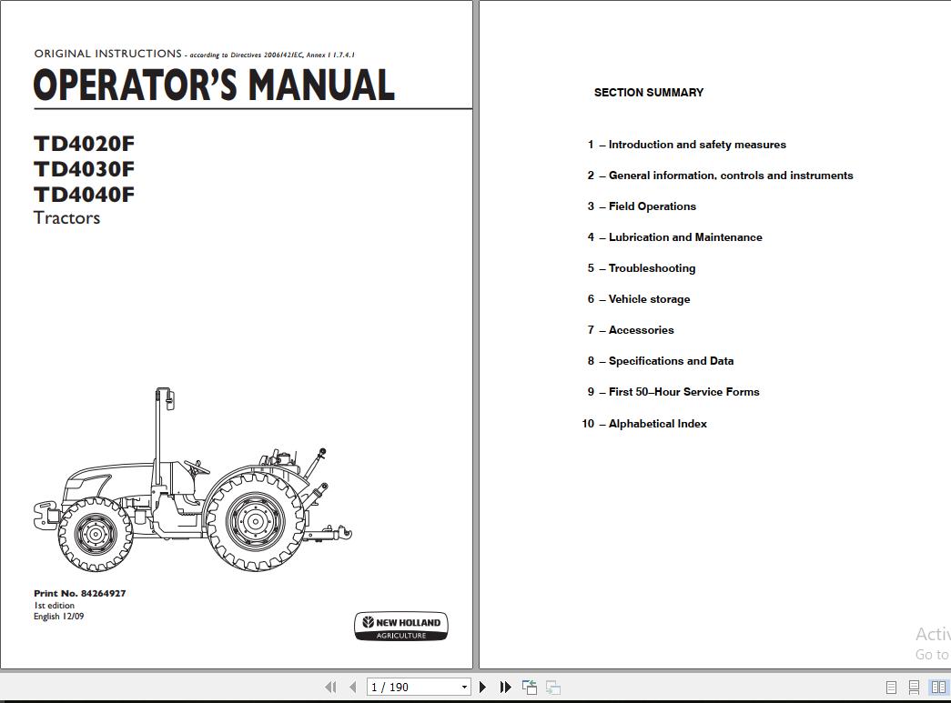 New Holland TD4020F TD4030F TD4040F Tractor Operators Manual84264927 1