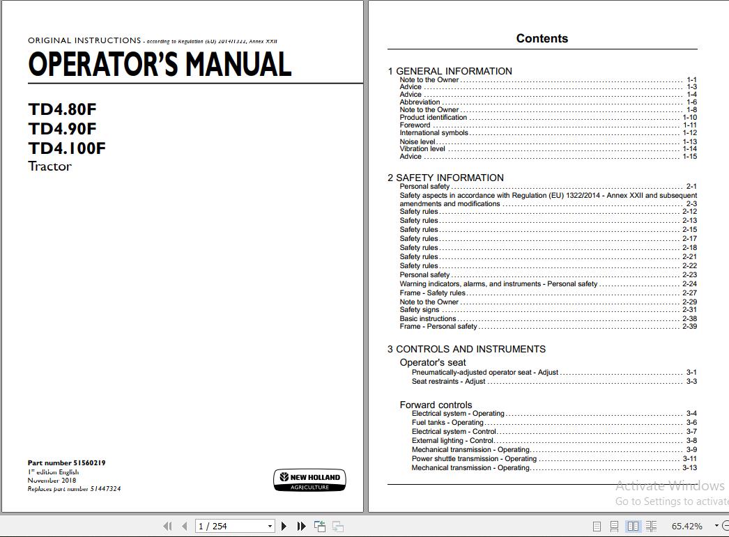 New Holland TD480F TD490F TD4100F Tractor Operators Manual51560219 1