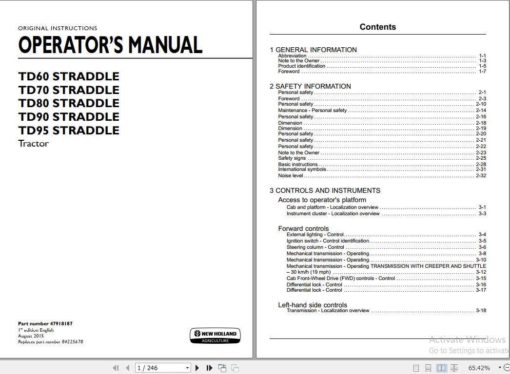 New Holland TD60 TD70 TD80 TD90 TD95 Straddle Tractor Operators Manual47918187 1