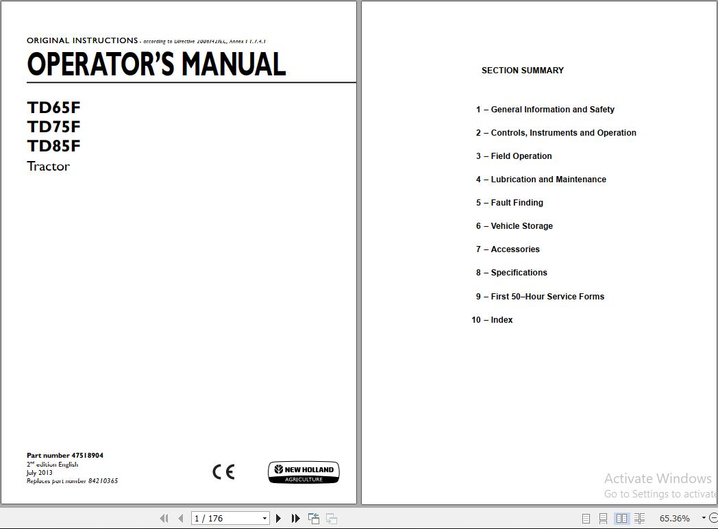 New Holland TD65F TD75F TD85F Tractor Operators Manual47518904 1