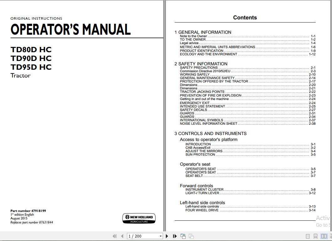 New Holland TD80D HC TD90D HC TD95D HC Tractor Operators Manual47918199 1