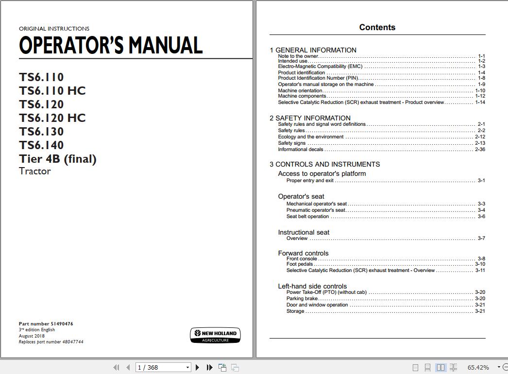 New Holland TS6110 TS6120 TS6125 TS6140 Tier 4B final Tractor Operators Manual51490476 1