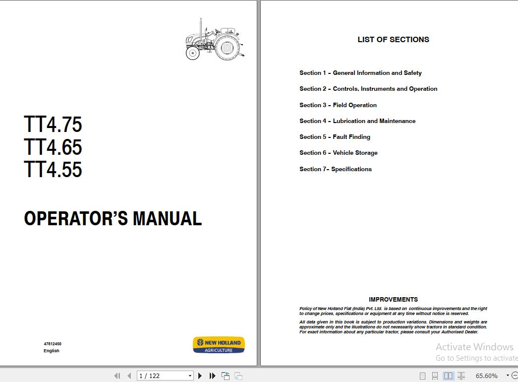 New Holland TT455 TT465 TT475 Tractors Operators Manual47812450 1