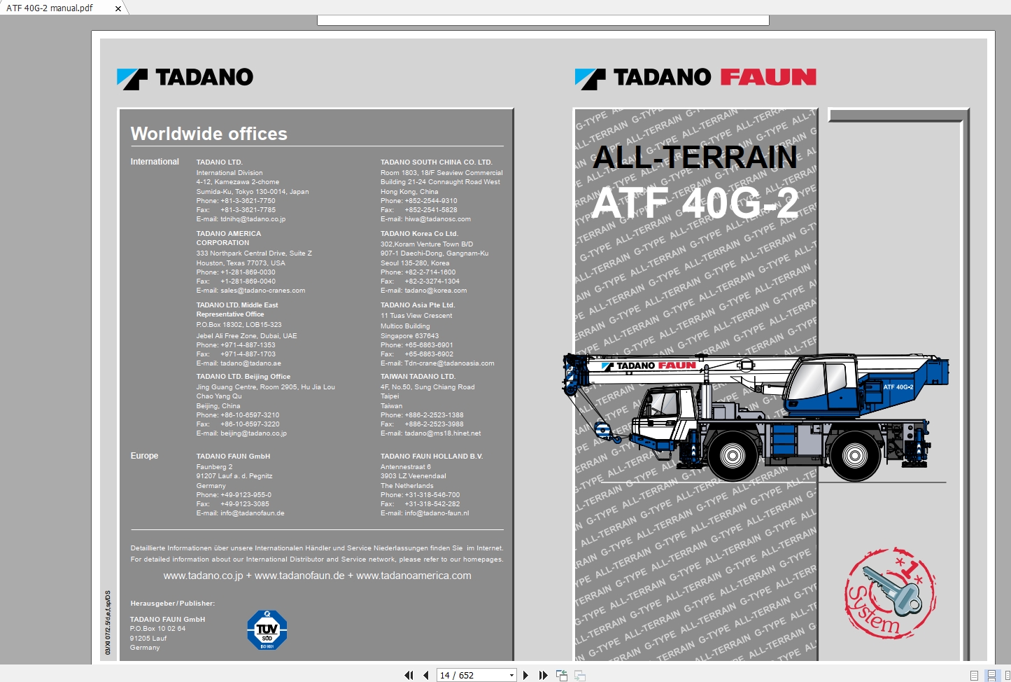 Tadano Crane ATF 40G 2 Operating Service Maintenance Manual 0