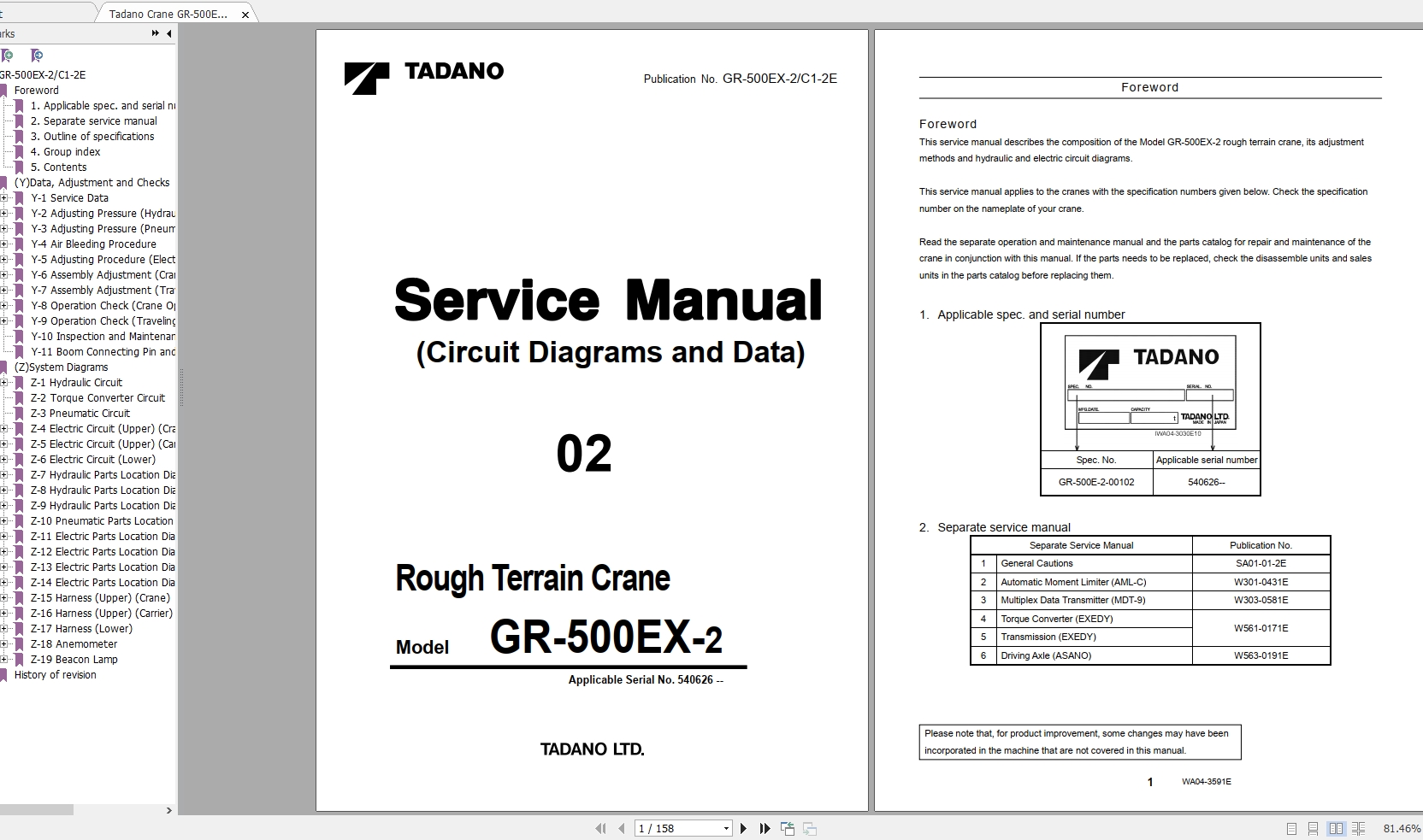 Tadano Crane GR 500EX GX 500EXL Service Manual Diagrams 1