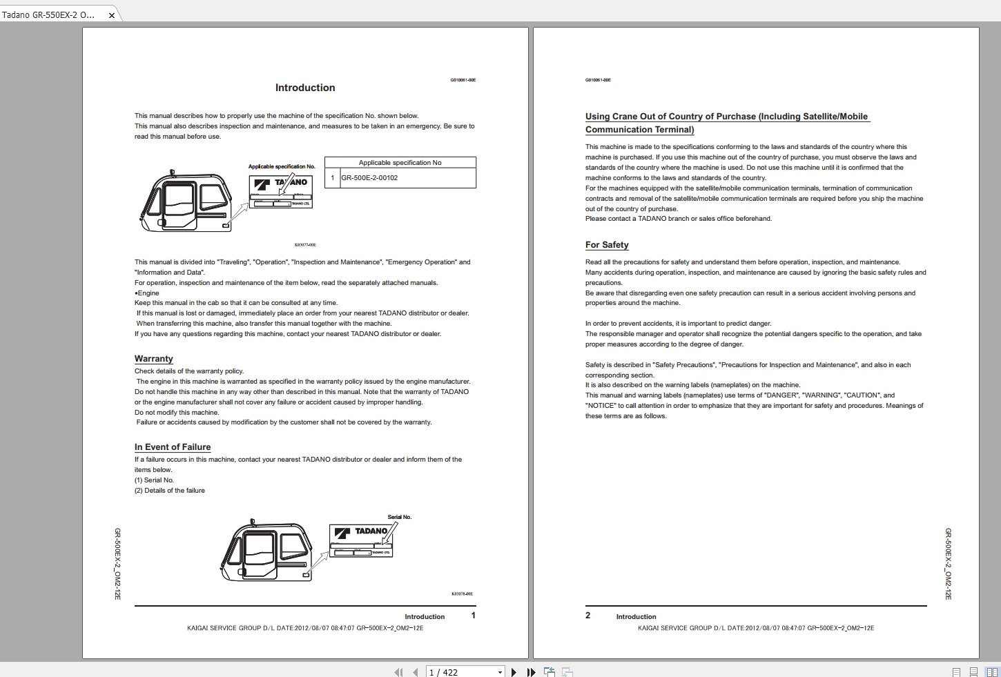 Tadano Crane GR 550EX 2 Operation and Maintenance Manual 1