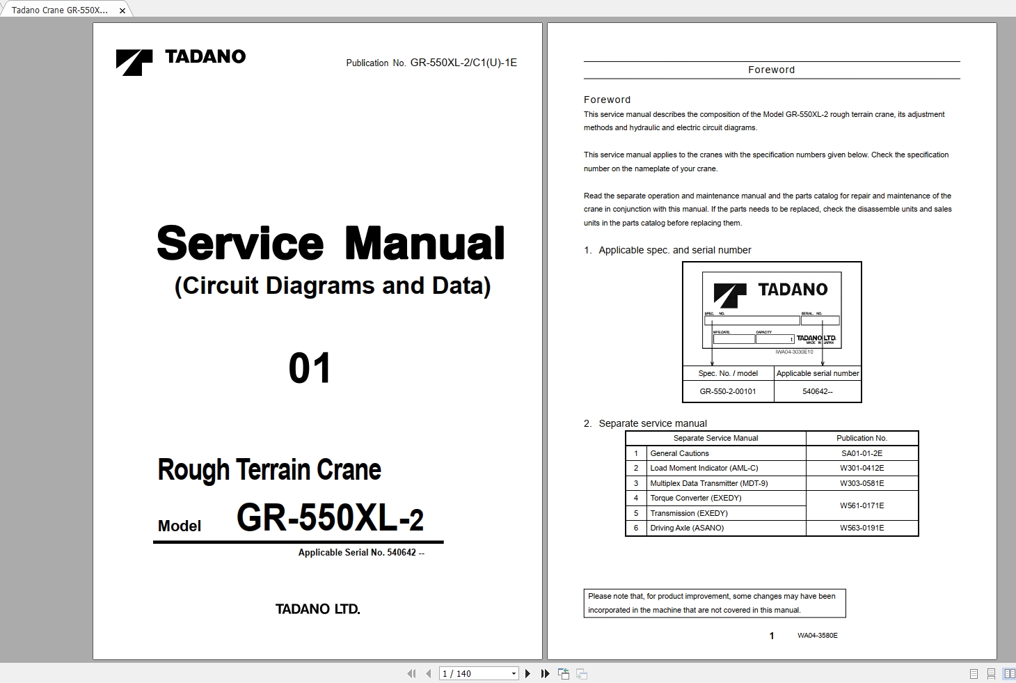 Tadano Crane GR 550XL 2C1U 1E Service Manual540642 1