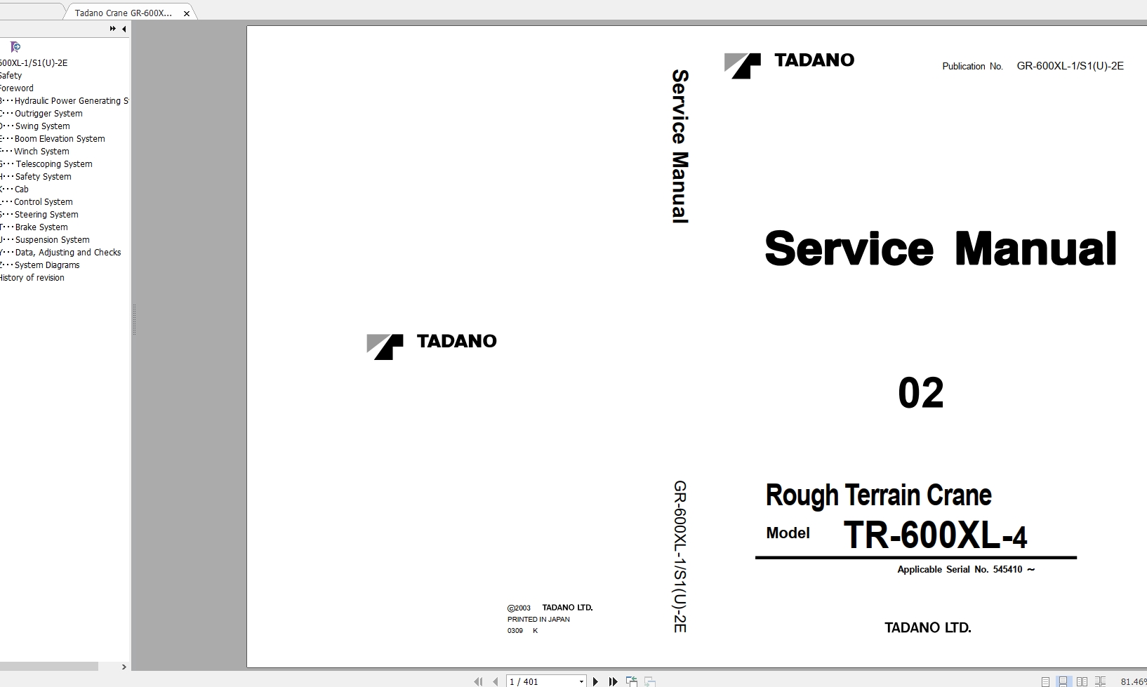 Tadano Crane GR 600XL Service Manuals 1