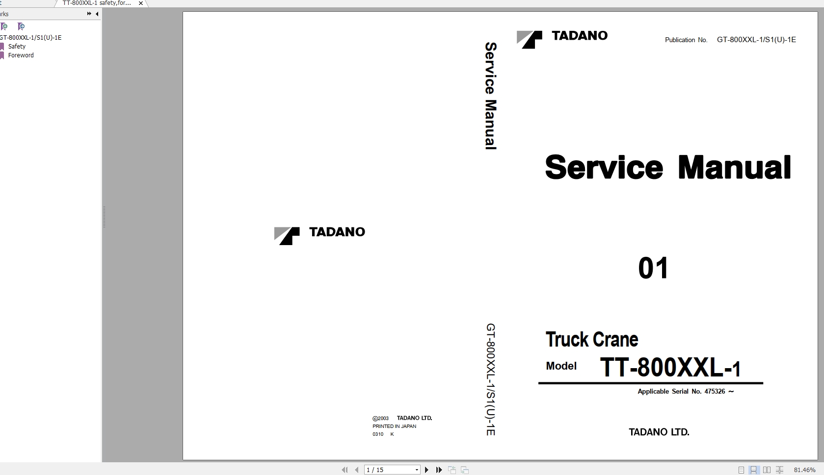 Tadano Crane GT 800XXL 1 GR800XXL 4 Service Manual 0