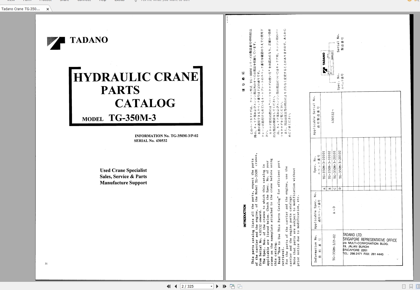 Tadano Crane TG 350M 3P 0200001 Parts Catalog430532 2