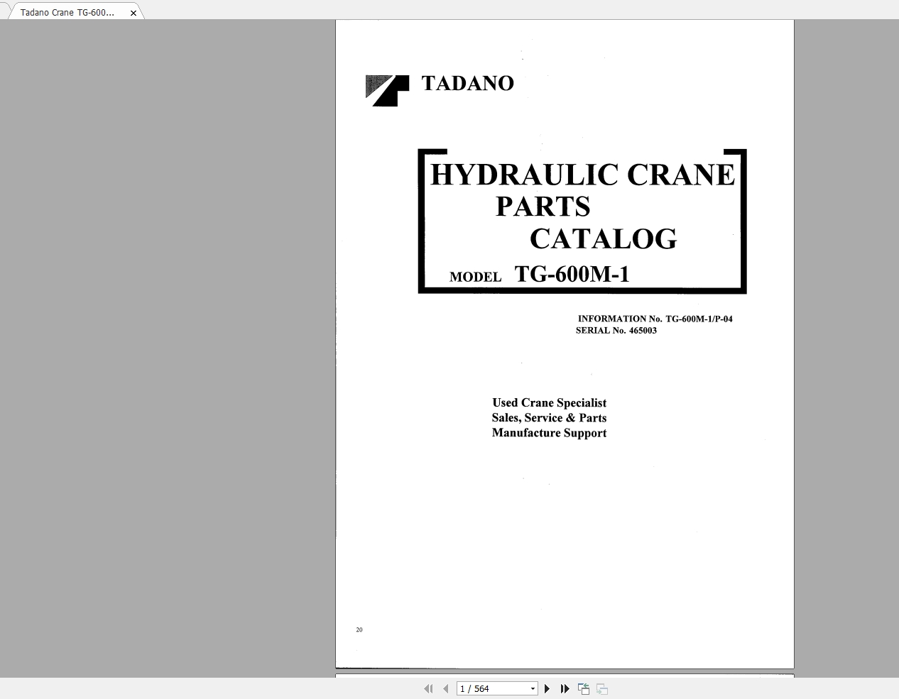 Tadano Crane TG 600M 1P 0400001 Parts Catalog465003 1 1