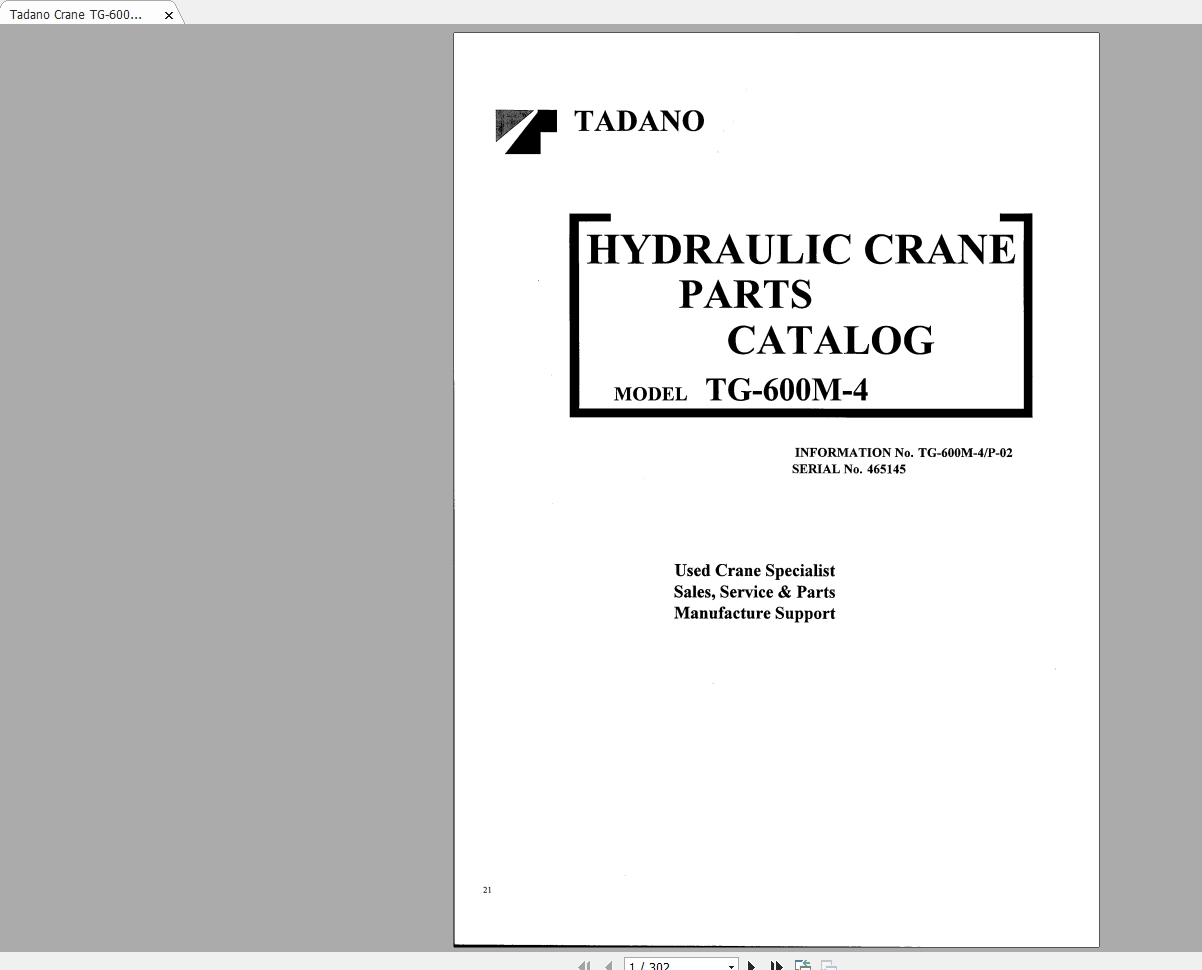 Tadano Crane TG 600M 4P 0200001 Parts Catalog465145 1