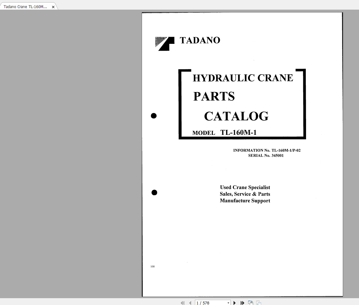 Tadano Crane TL 160M 1P 0200001 Parts Catalog345001 1