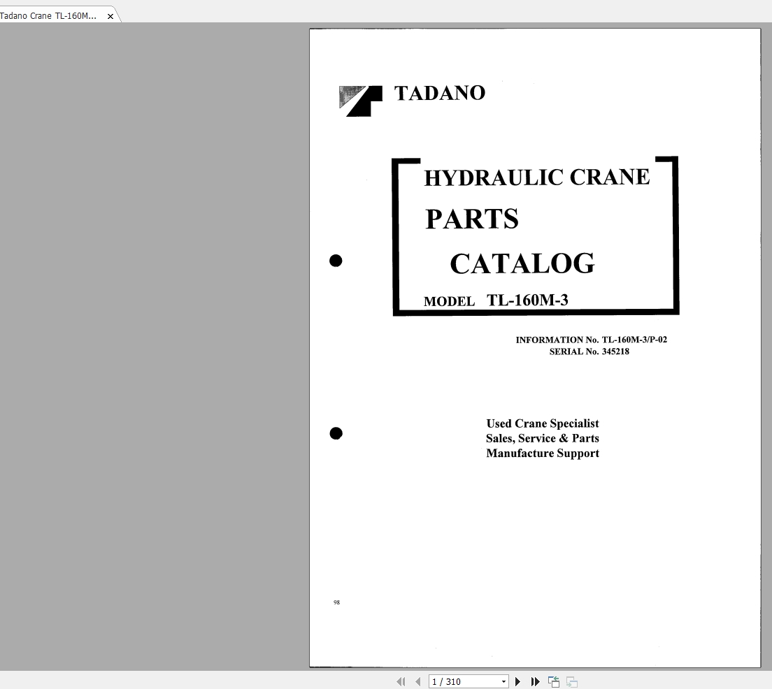 Tadano Crane TL 160M 3P 0200001 Parts Catalog345218 1