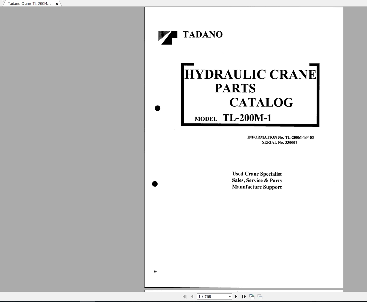 Tadano Mobile Crane TL200M1 Series Parts Catalog