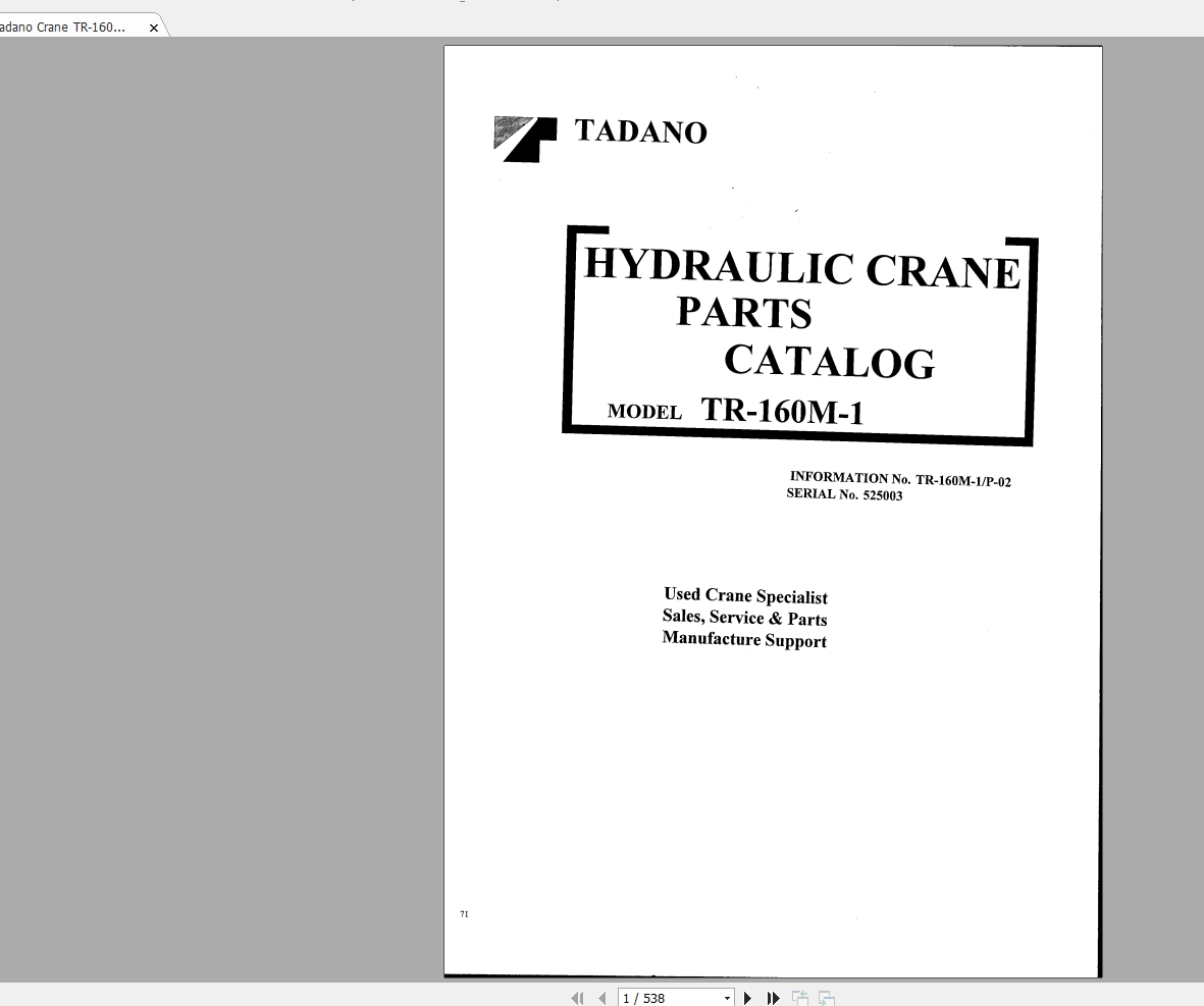 Tadano Crane TR 160M 1 Repair Parts Catalog525003 1