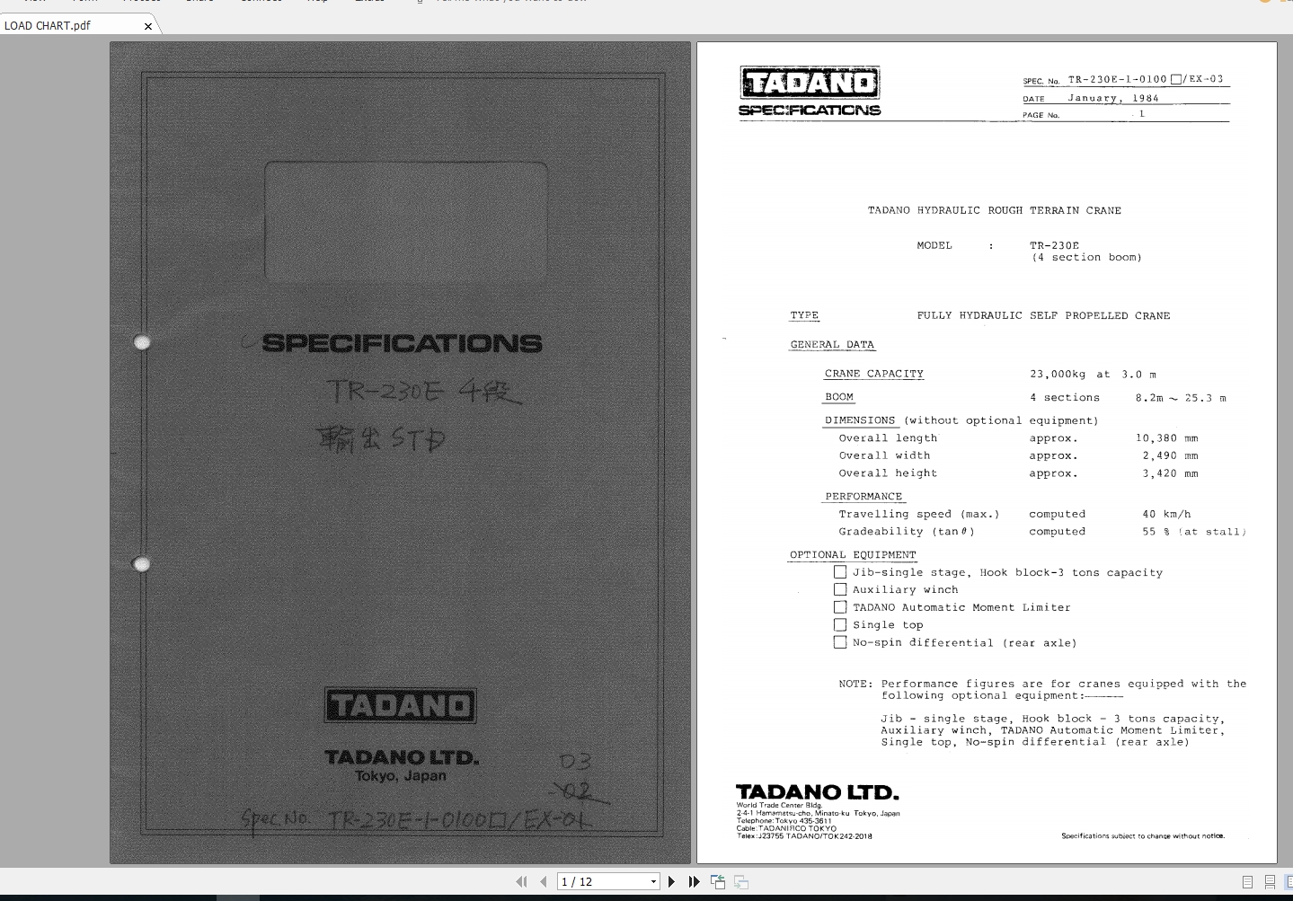 Tadano Crane TR 230E 1 Load Charts Specifications 3 1